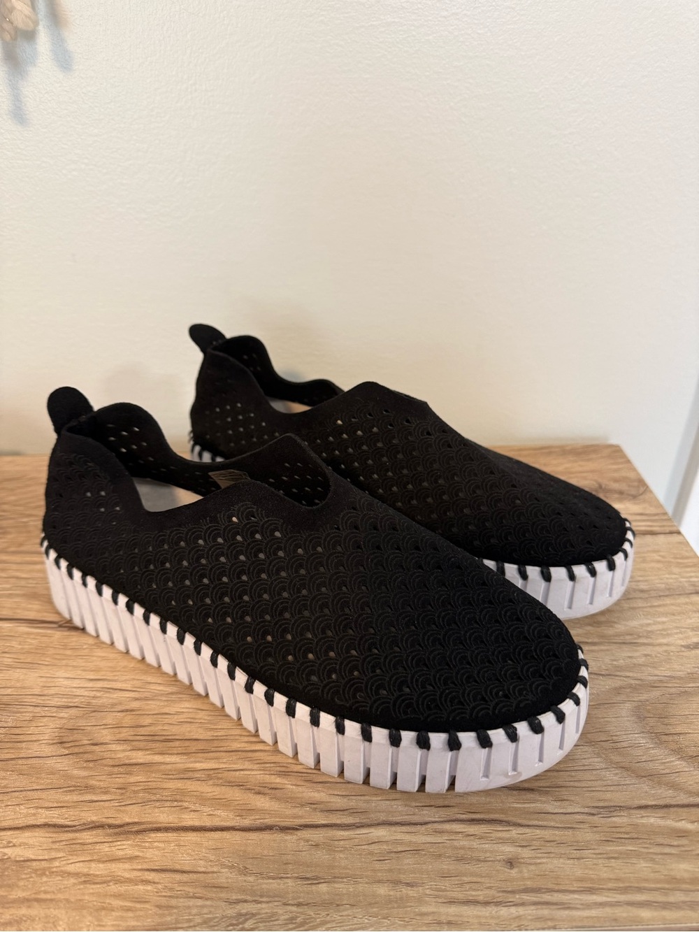 Ilse Jacobsen Hornbaek Tulip Black Perforated Knit Slip-On with White Platform